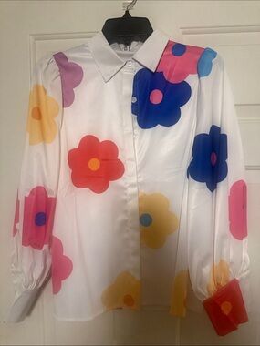White Floral Print Button-Up Blouse with Multicolor Flowers